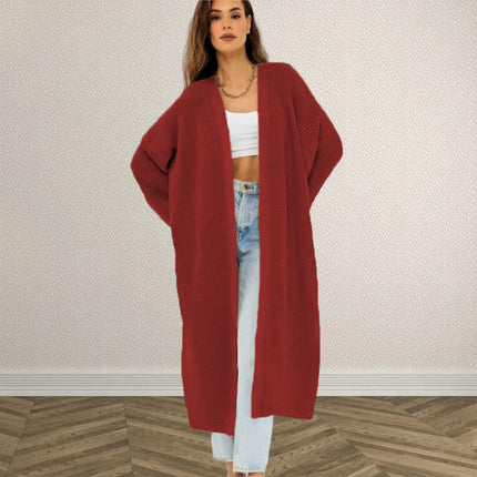 Women's Solid Color Long Knitted Cardigan Lantern Sleeve Casual Sweater Coat