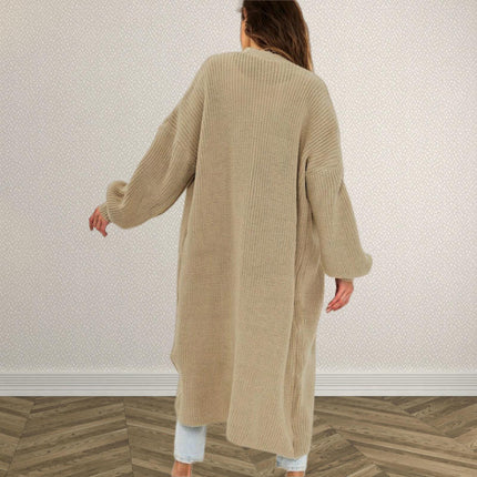 Women's Solid Color Long Knitted Cardigan Lantern Sleeve Casual Sweater Coat
