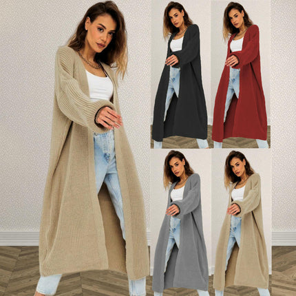 Women's Solid Color Long Knitted Cardigan Lantern Sleeve Casual Sweater Coat