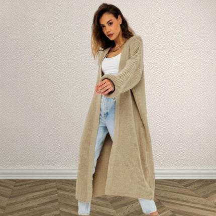 Women's Solid Color Long Knitted Cardigan Lantern Sleeve Casual Sweater Coat