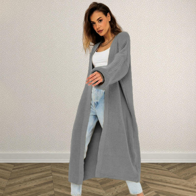 Women's Solid Color Long Knitted Cardigan Lantern Sleeve Casual Sweater Coat