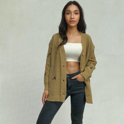 Women's Embroidered Knitted Cardigan Casual Long Sleeve Button Cardigan