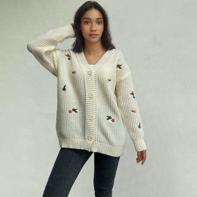 Women's Embroidered Knitted Cardigan Casual Long Sleeve Button Cardigan