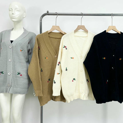 Women's Embroidered Knitted Cardigan Casual Long Sleeve Button Cardigan