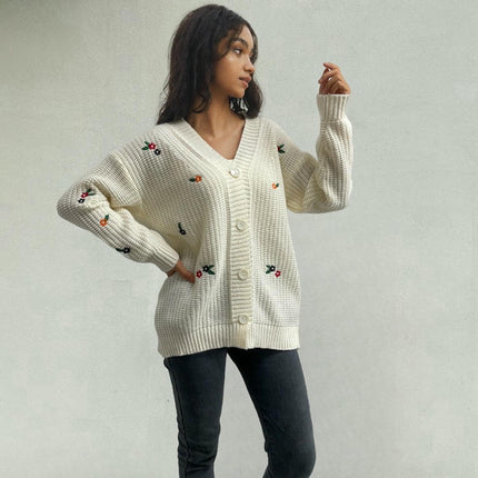 Women's Embroidered Knitted Cardigan Casual Long Sleeve Button Cardigan