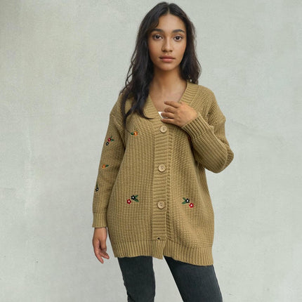 Women's Embroidered Knitted Cardigan Casual Long Sleeve Button Cardigan