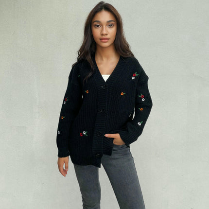 Women's Embroidered Knitted Cardigan Casual Long Sleeve Button Cardigan