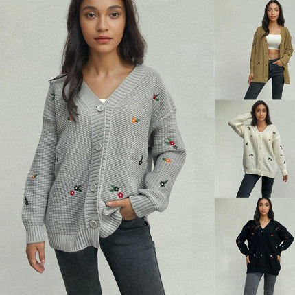 Women's Embroidered Knitted Cardigan Casual Long Sleeve Button Cardigan