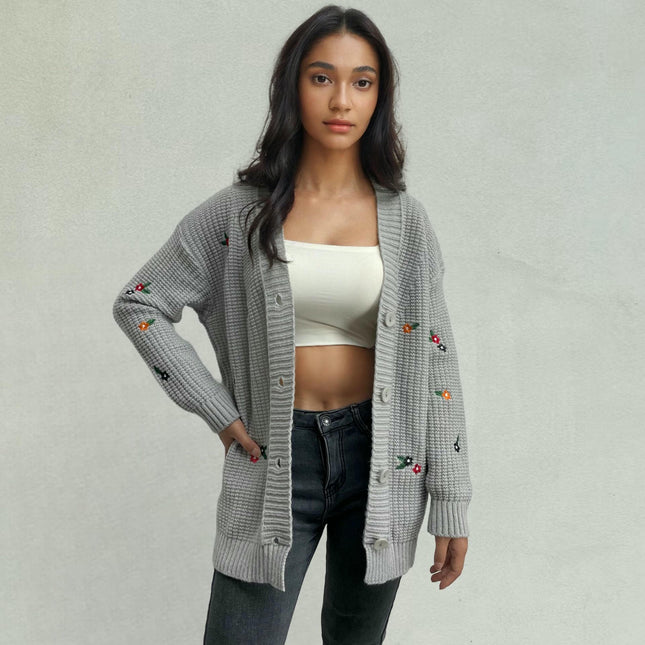 Women's Embroidered Knitted Cardigan Casual Long Sleeve Button Cardigan