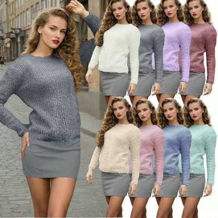 Women's Crew Neck Long Sleeve Fuzzy Sweater Drop Shoulder Knit Pullover Tops