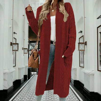 Womens Long Twisted Pocket Knit Cardigan-Long Sleeve Casual Loose Sweater Jacket