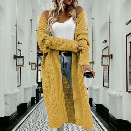 Womens Long Twisted Pocket Knit Cardigan-Long Sleeve Casual Loose Sweater Jacket
