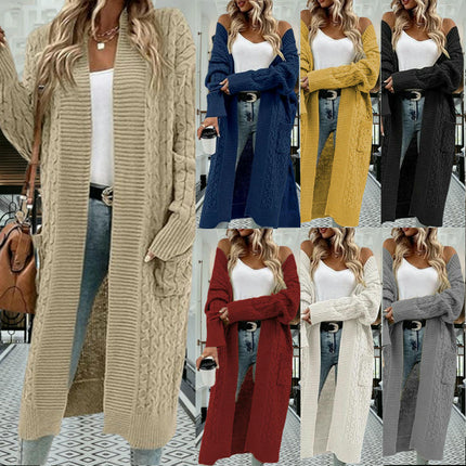 Womens Long Twisted Pocket Knit Cardigan-Long Sleeve Casual Loose Sweater Jacket