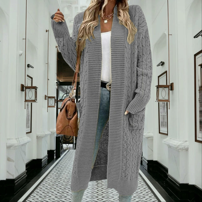 Womens Long Twisted Pocket Knit Cardigan-Long Sleeve Casual Loose Sweater Jacket