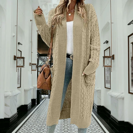 Womens Long Twisted Pocket Knit Cardigan-Long Sleeve Casual Loose Sweater Jacket