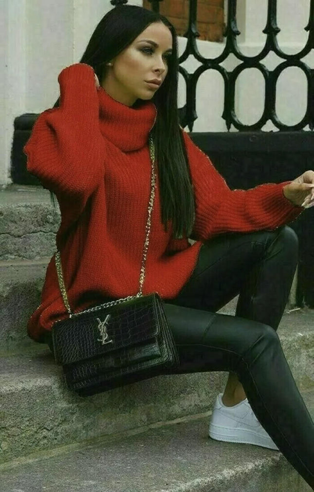 Women's Sweater Knitted Sweater Loose Solid Color Turtleneck Long Sleeve Sweater