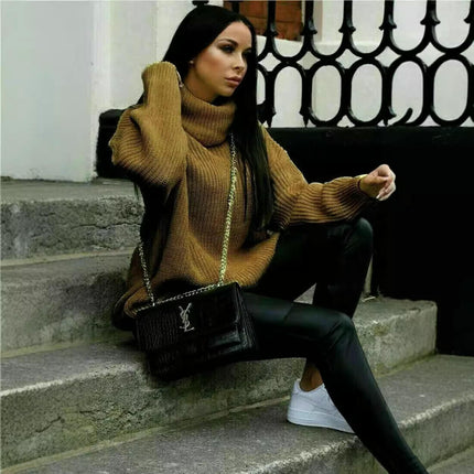 Women's Sweater Knitted Sweater Loose Solid Color Turtleneck Long Sleeve Sweater