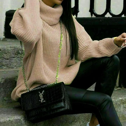 Women's Sweater Knitted Sweater Loose Solid Color Turtleneck Long Sleeve Sweater