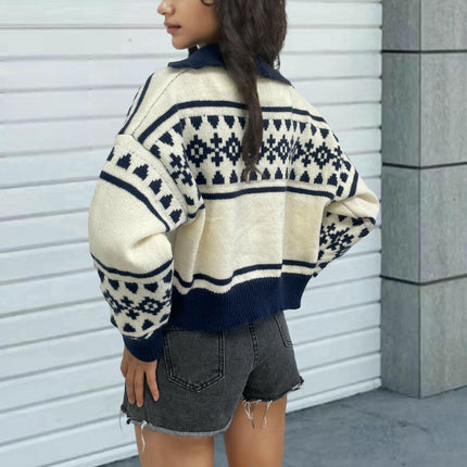 Women's Zipper Knitted Cardigan Lapel Contrast Jacquard Geometric Sweater Jacket