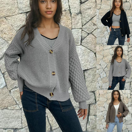 Women's Button Knit Cardigan Casual Solid Color Long Sleeve Sweater Jacket