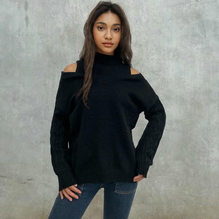 Women's Half Turtleneck Off Shoulder Knitted Sweater Long Sleeve Casual Sweater