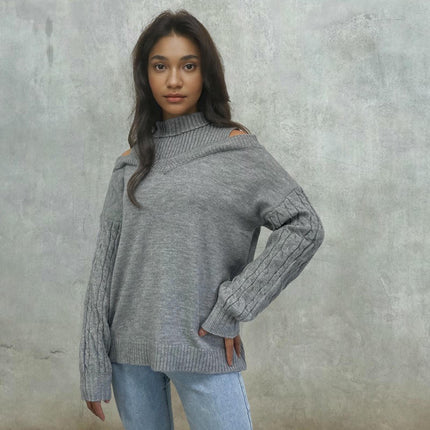 Women's Half Turtleneck Off Shoulder Knitted Sweater Long Sleeve Casual Sweater
