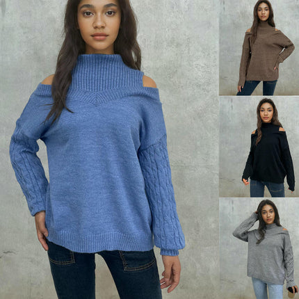 Women's Half Turtleneck Off Shoulder Knitted Sweater Long Sleeve Casual Sweater