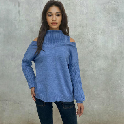 Women's Half Turtleneck Off Shoulder Knitted Sweater Long Sleeve Casual Sweater