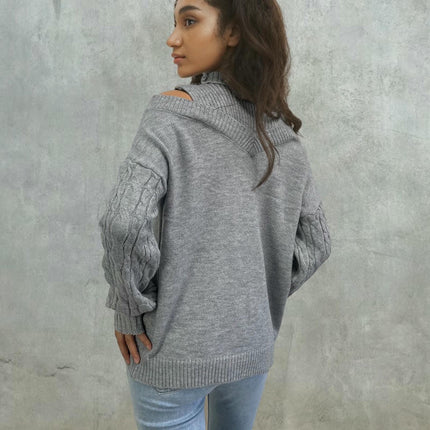 Women's Half Turtleneck Off Shoulder Knitted Sweater Long Sleeve Casual Sweater