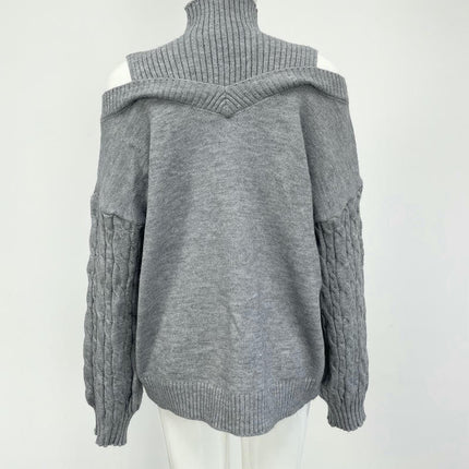 Women's Half Turtleneck Off Shoulder Knitted Sweater Long Sleeve Casual Sweater