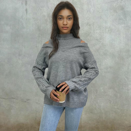 Women's Half Turtleneck Off Shoulder Knitted Sweater Long Sleeve Casual Sweater