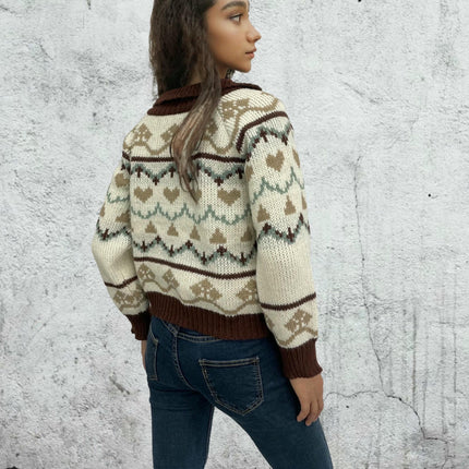 Women's Jacquard Zipper Cardigan Shirt Collar Long Sleeve Sweater Jacket