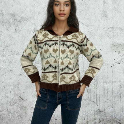 Women's Jacquard Zipper Cardigan Shirt Collar Long Sleeve Sweater Jacket