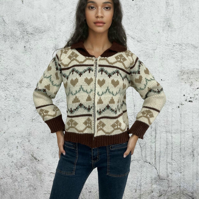 Women's Jacquard Zipper Cardigan Shirt Collar Long Sleeve Sweater Jacket