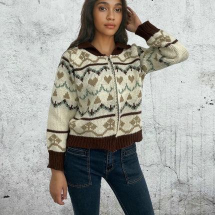 Women's Jacquard Zipper Cardigan Shirt Collar Long Sleeve Sweater Jacket