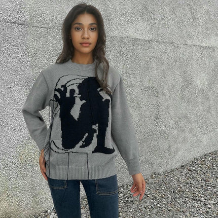 Women's Embroidered Knitted Sweater Round Neck Loose Jacquard Pullover