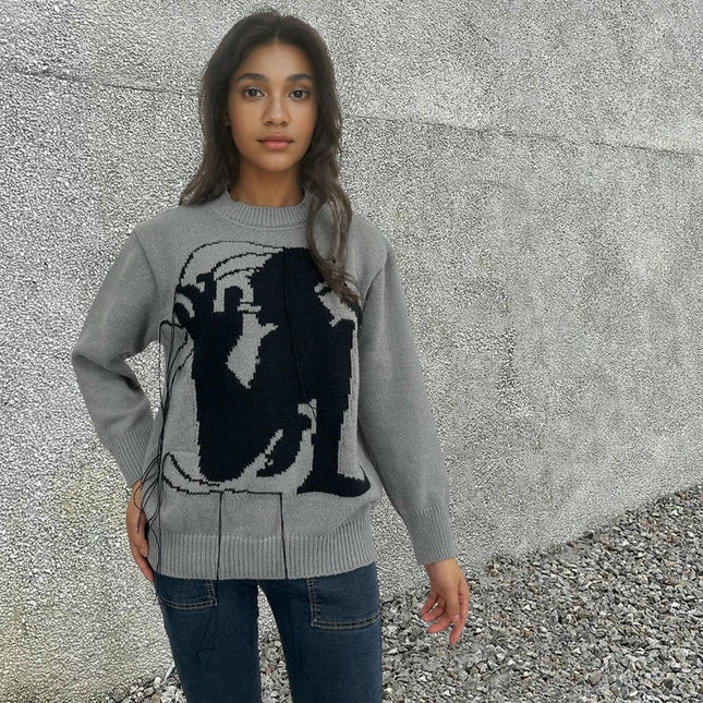 Women's Embroidered Knitted Sweater Round Neck Loose Jacquard Pullover