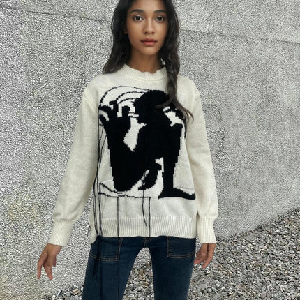 Women's Embroidered Knitted Sweater Round Neck Loose Jacquard Pullover