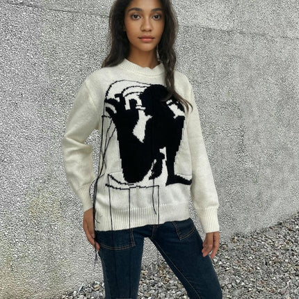 Women's Embroidered Knitted Sweater Round Neck Loose Jacquard Pullover