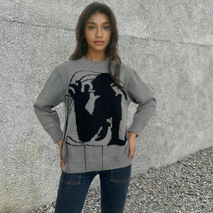 Women's Embroidered Knitted Sweater Round Neck Loose Jacquard Pullover