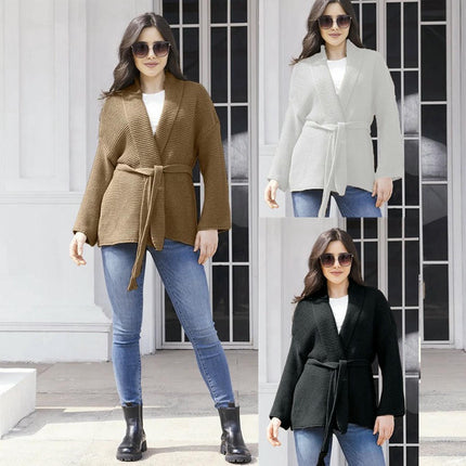 Women's Loose Solid Color Knitted Cardigan Sweater Lapel Lace-up Cardigan Jacket
