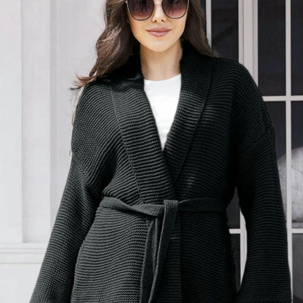 Women's Loose Solid Color Knitted Cardigan Sweater Lapel Lace-up Cardigan Jacket