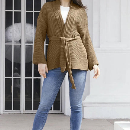 Women's Loose Solid Color Knitted Cardigan Sweater Lapel Lace-up Cardigan Jacket