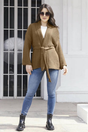 Women's Loose Solid Color Knitted Cardigan Sweater Lapel Lace-up Cardigan Jacket