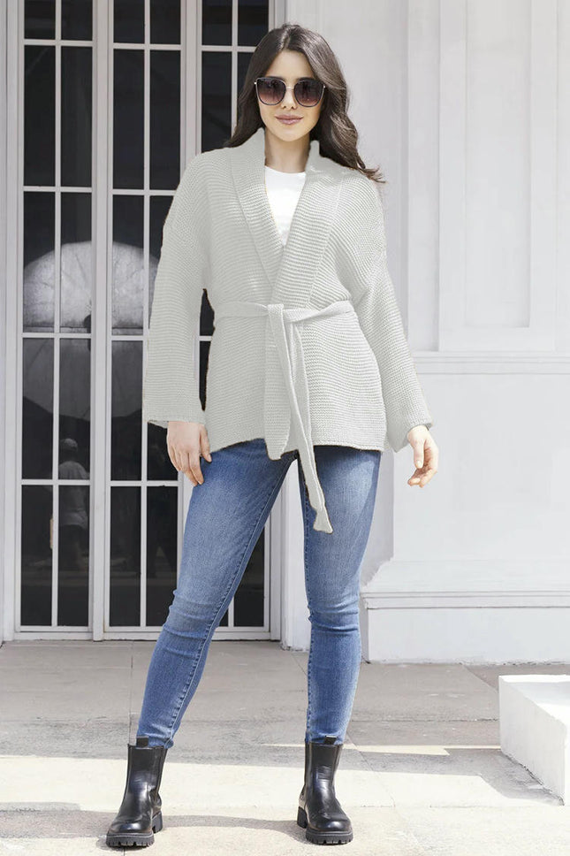 Women's Loose Solid Color Knitted Cardigan Sweater Lapel Lace-up Cardigan Jacket
