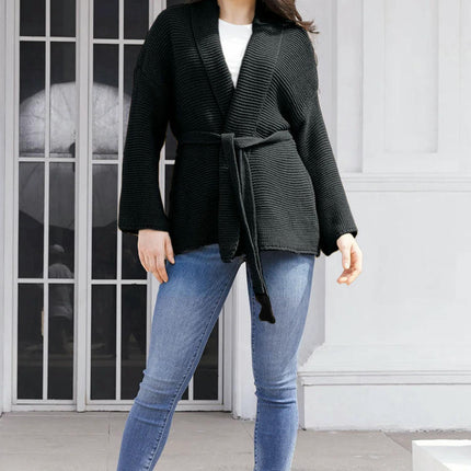 Women's Loose Solid Color Knitted Cardigan Sweater Lapel Lace-up Cardigan Jacket