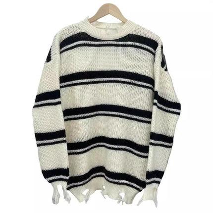 Women's Mid-length Contrast Striped Fringe Sweater Crew Neck Loose Knit Sweater