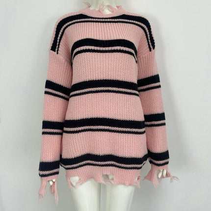 Women's Mid-length Contrast Striped Fringe Sweater Crew Neck Loose Knit Sweater
