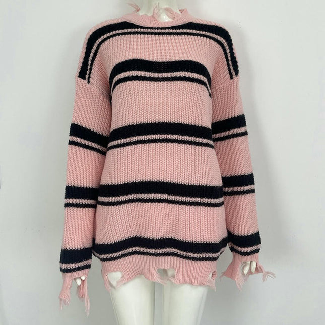 Women's Mid-length Contrast Striped Fringe Sweater Crew Neck Loose Knit Sweater