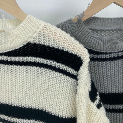 Women's Mid-length Contrast Striped Fringe Sweater Crew Neck Loose Knit Sweater